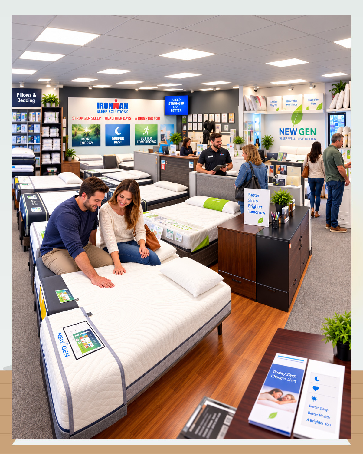 Illustration of the showroom with mattresses on display and a sofa